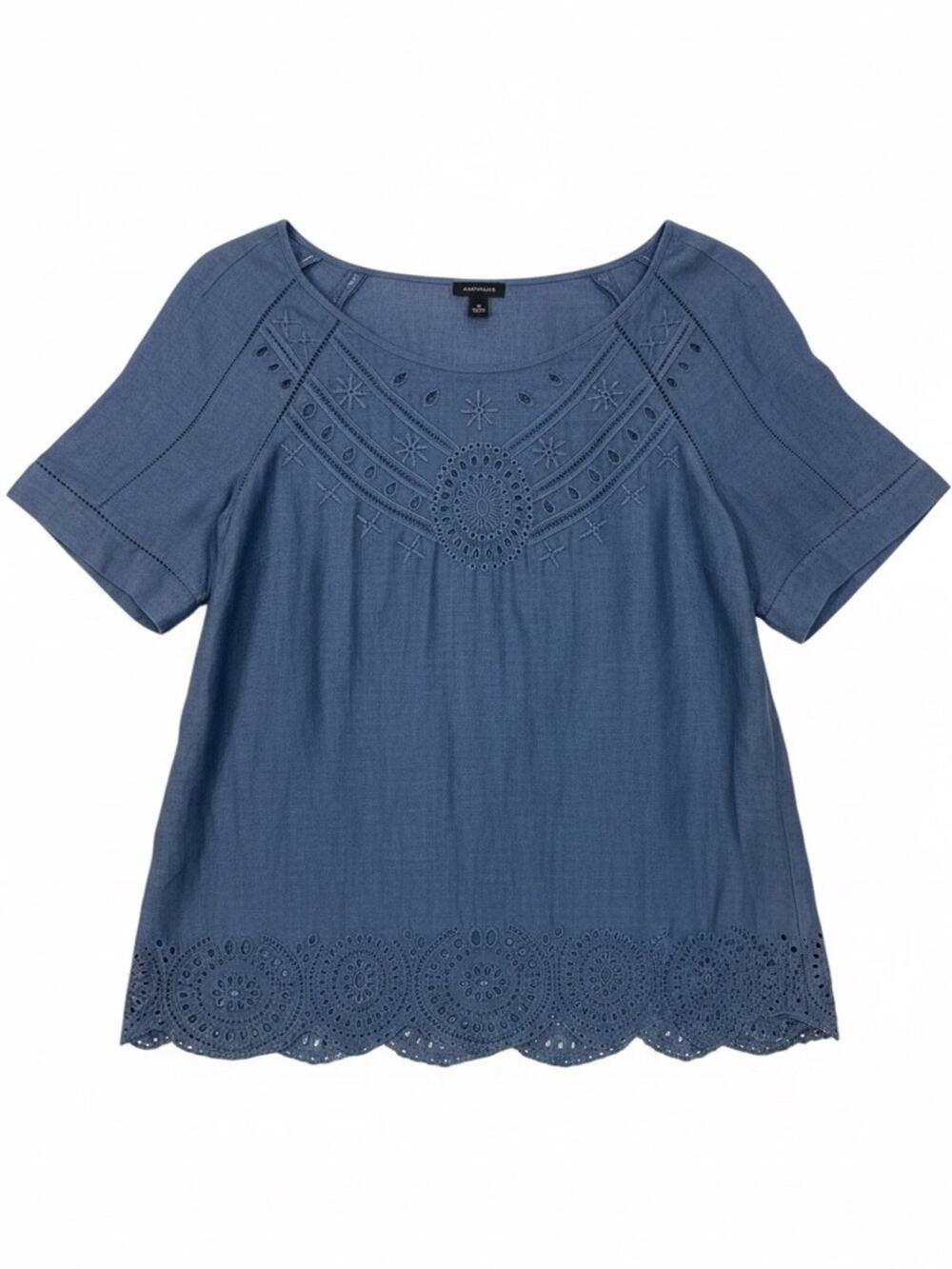 Ann Taylor 100% Linen Blouse Top Embroidered Eyelet Lace Navy Size Medium